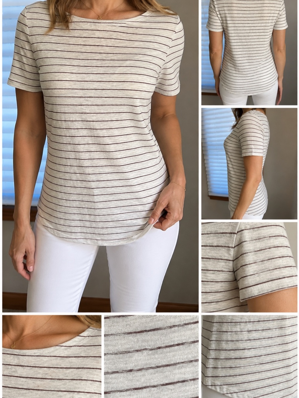 LOFT White Tee with Maroon Thin Stripes
